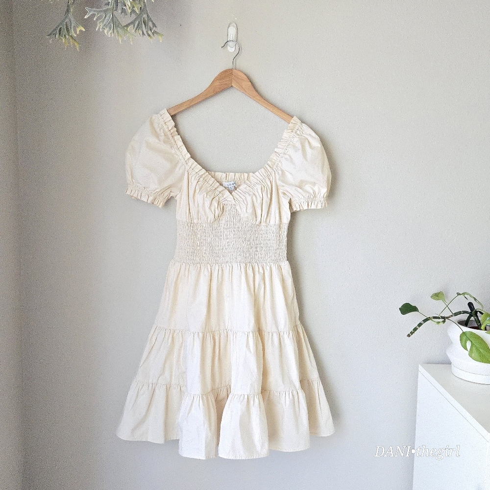 Sweetheart Neck Smocked Waist Puff Sleeve Tiered Skirt Dress